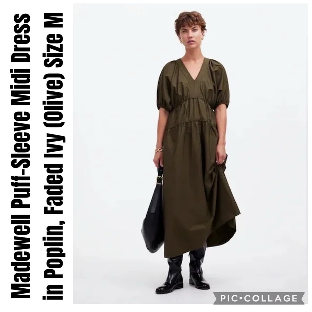 Madewell Puff-Sleeve Midi Dress in Poplin, Faded Ivy (Olive) Size M